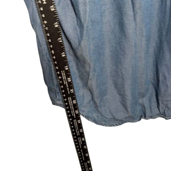 Ruby Rd Blouse Women's Petite Large Blue Popover Chambray Short Sleeve Tie Top - Picture 7 of 10